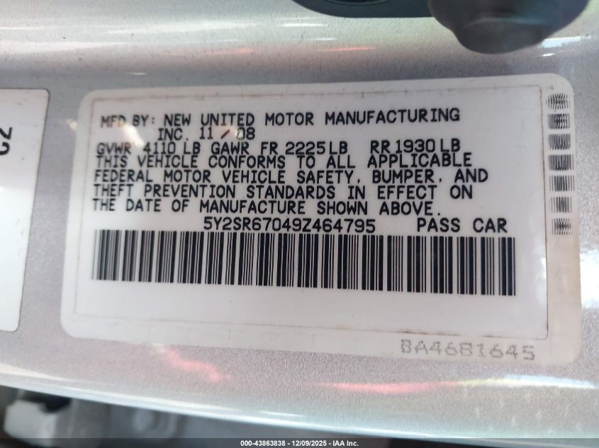 2009 Pontiac Vibe Gt VIN: 5Y2SR67049Z464795 Lot: 43863838