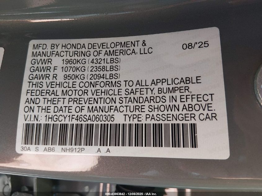 2025 Honda Accord Se VIN: 1HGCY1F46SA060305 Lot: 43863842