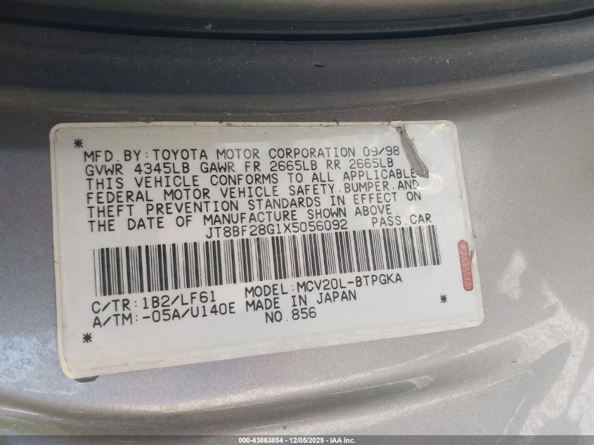 1999 Lexus Es 300 VIN: JT8BF28G1X5056092 Lot: 43863854