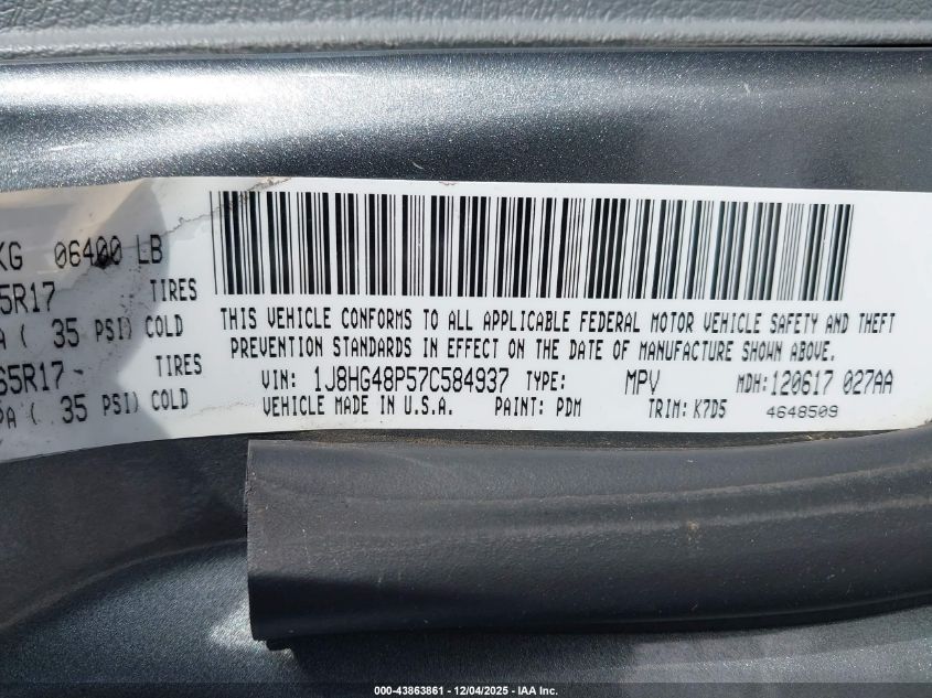 2007 Jeep Commander Sport VIN: 1J8HG48P57C584937 Lot: 43863861