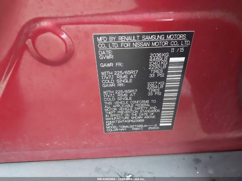 2016 Nissan Rogue Sv VIN: KNMAT2MT4GP623988 Lot: 43863864