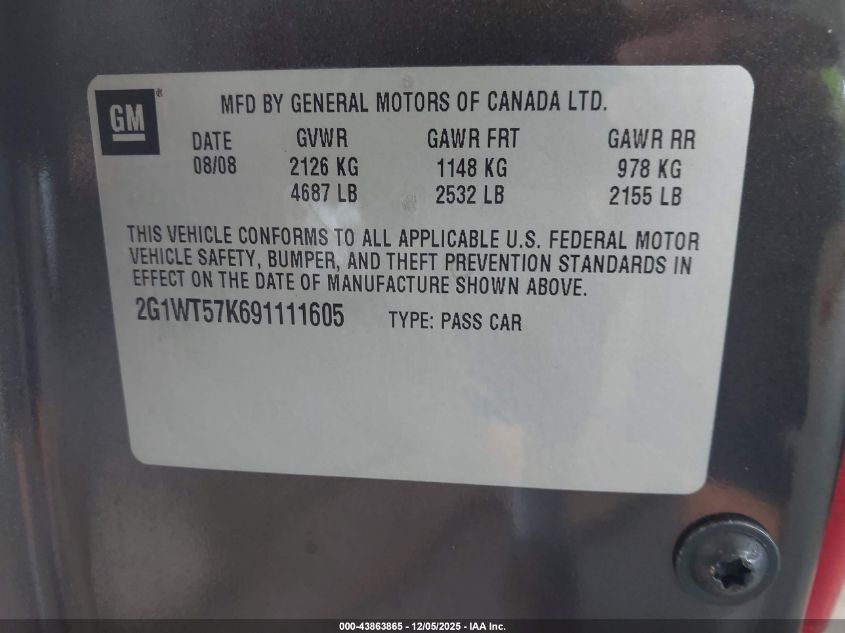 2009 Chevrolet Impala Lt VIN: 2G1WT57K691111605 Lot: 43863865