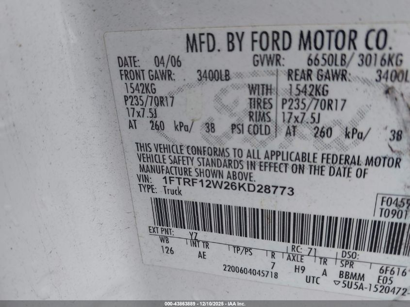 2006 Ford F-150 Stx/Xl/Xlt VIN: 1FTRF12W26KD28773 Lot: 43863889