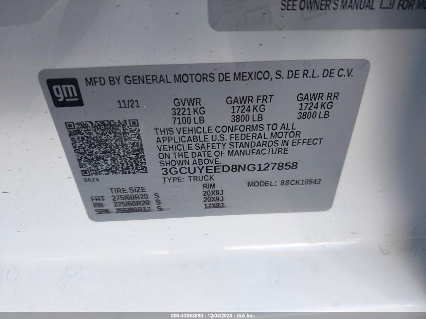 2022 Chevrolet Silverado 1500 Ltd 4Wd Short Bed Rst VIN: 3GCUYEED8NG127858 Lot: 43863890