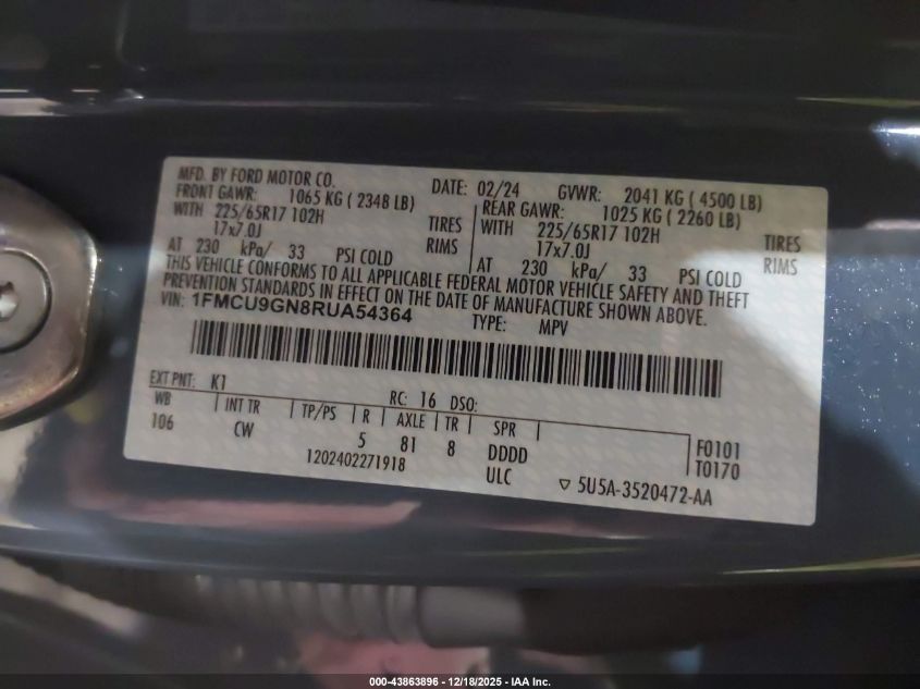 2024 Ford Escape Active VIN: 1FMCU9GN8RUA54364 Lot: 43863896