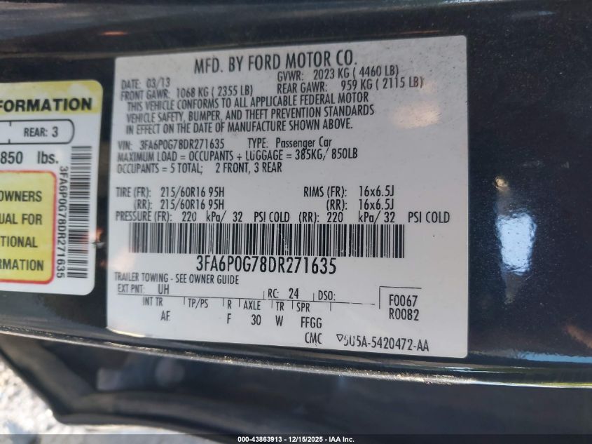 2013 Ford Fusion S VIN: 3FA6P0G78DR271635 Lot: 43863913