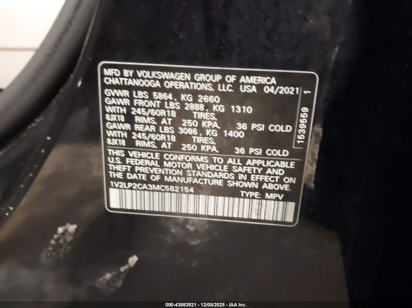 2021 Volkswagen Atlas 2.0T Se VIN: 1V2LP2CA3MC582154 Lot: 43863921