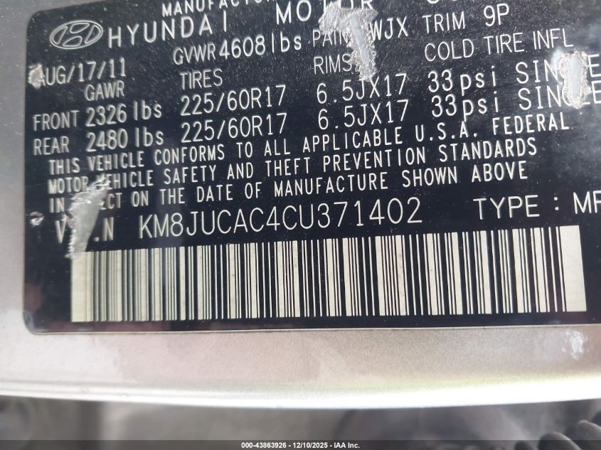 2012 Hyundai Tucson Gls VIN: KM8JUCAC4CU371402 Lot: 43863926
