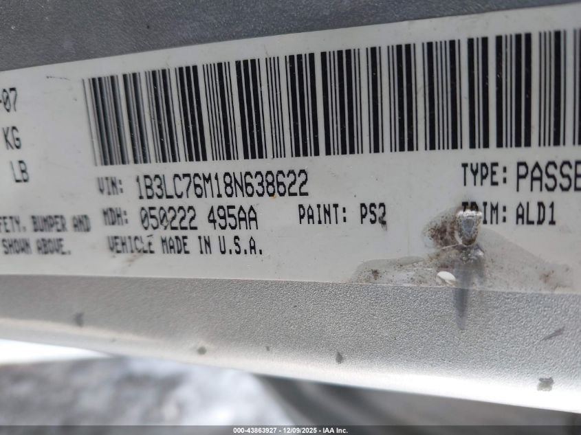 2008 Dodge Avenger R/T VIN: 1B3LC76M18N638622 Lot: 43863927