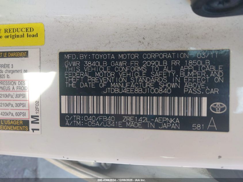 2011 Toyota Corolla Le VIN: JTDBU4EE8BJ100840 Lot: 43863934