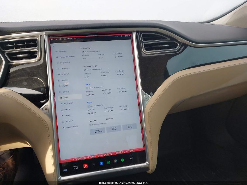 2015 Tesla Model S 60/70/85 VIN: 5YJSA1S13FFP77011 Lot: 43863935