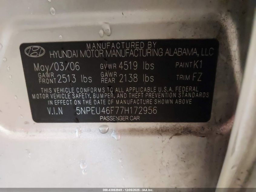 2007 Hyundai Sonata Limited/Se V6 VIN: 5NPEU46F77H172956 Lot: 43863949