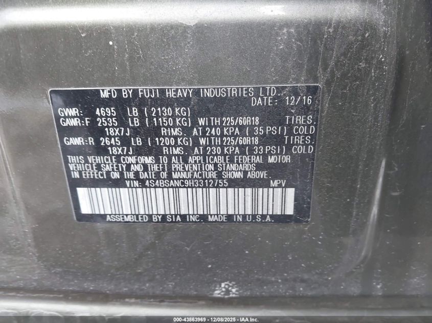 2017 Subaru Outback 2.5I Limited VIN: 4S4BSANC9H3312755 Lot: 43863969