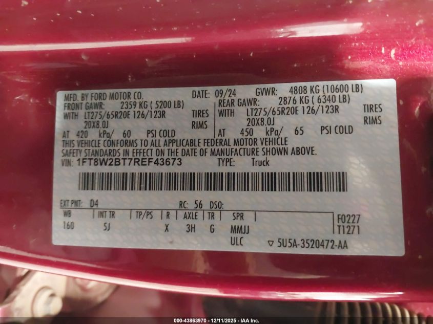 2024 Ford F-250 Lariat VIN: 1FT8W2BT7REF43673 Lot: 43863970