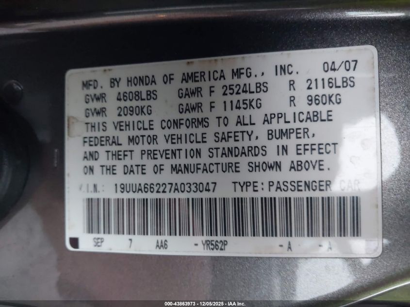 2007 Acura Tl 3.2 VIN: 19UUA66227A033047 Lot: 43863973