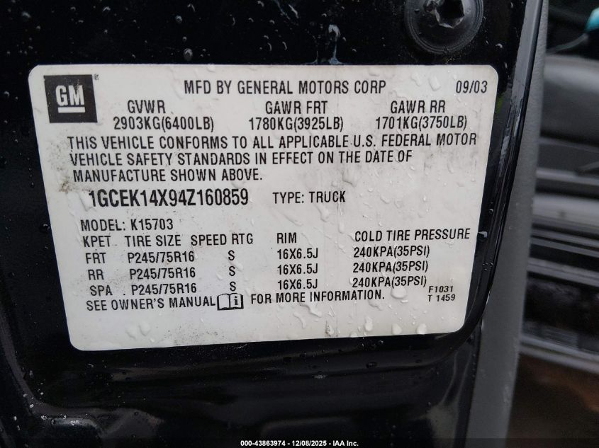 2004 Chevrolet Silverado 1500 Work Truck VIN: 1GCEK14X94Z160859 Lot: 43863974