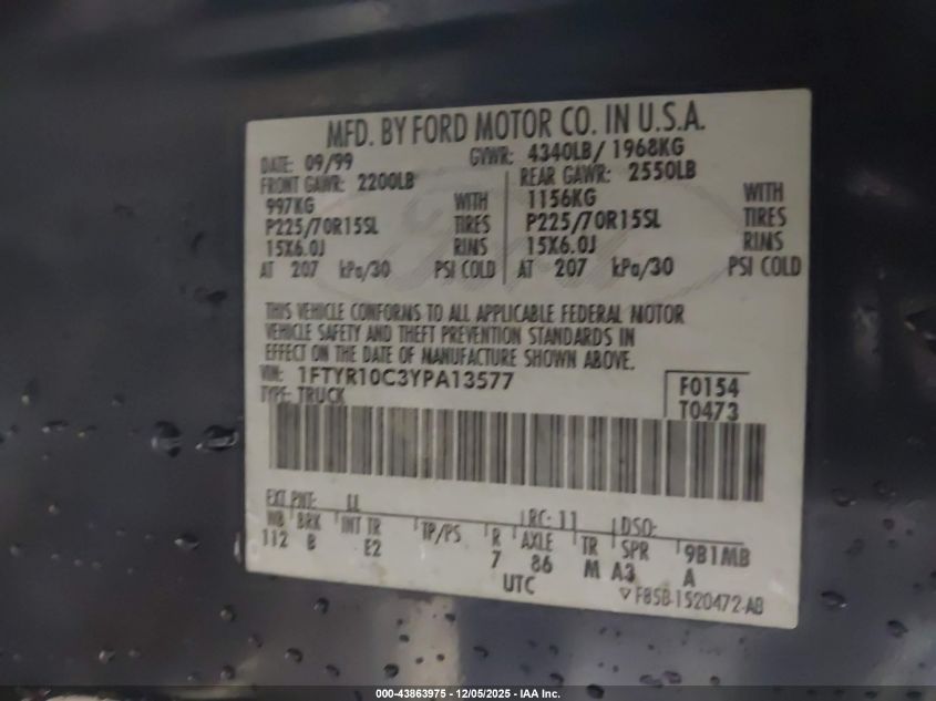 2000 Ford Ranger Xl/Xlt VIN: 1FTYR10C3YPA13577 Lot: 43863975