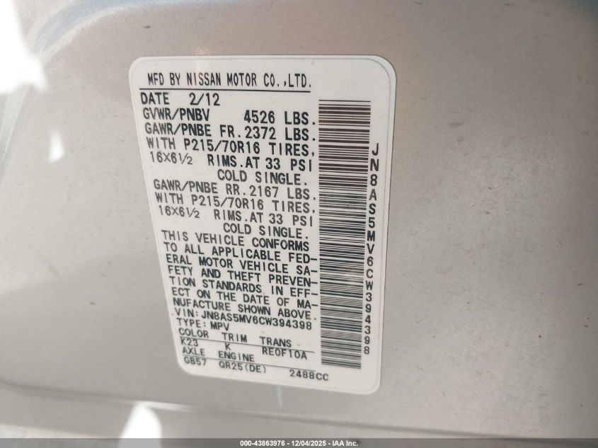 2012 Nissan Rogue S VIN: JN8AS5MV6CW394398 Lot: 43863976