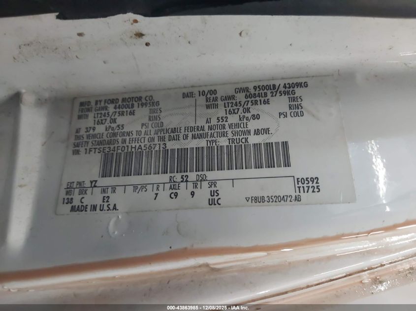 2001 Ford E-350 Super Duty Commercial/Recreational VIN: 1FTSE34F01HA56713 Lot: 43863985