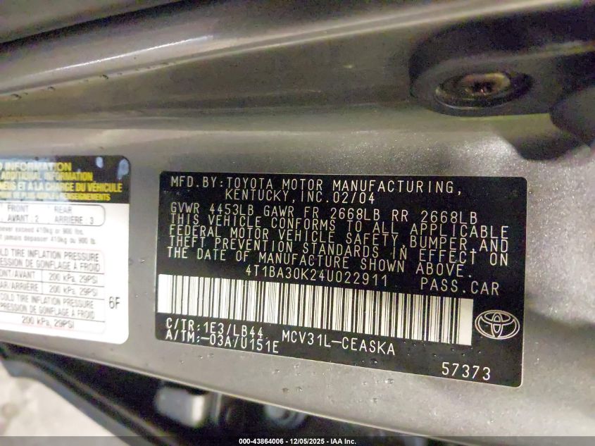 2004 Toyota Camry Se V6 VIN: 4T1BA30K24U022911 Lot: 43864006