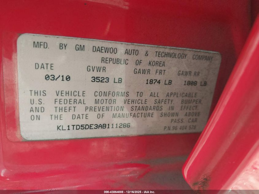 2010 Chevrolet Aveo Lt VIN: KL1TD5DE3AB111286 Lot: 43864008
