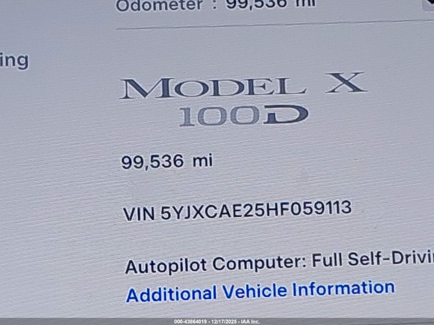 2017 Tesla Model X 100D/75D/90D VIN: 5YJXCAE25HF059113 Lot: 43864019