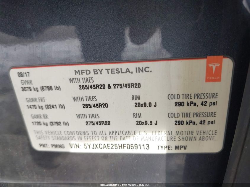 2017 Tesla Model X 100D/75D/90D VIN: 5YJXCAE25HF059113 Lot: 43864019