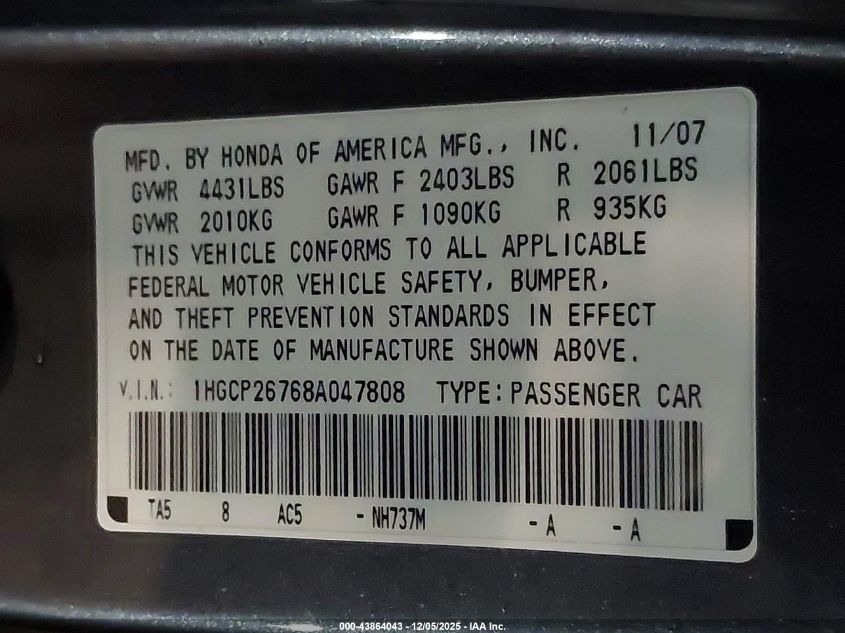 2008 Honda Accord 2.4 Ex VIN: 1HGCP26768A047808 Lot: 43864043