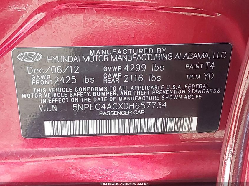 2013 Hyundai Sonata Limited VIN: 5NPEC4ACXDH657734 Lot: 43864045