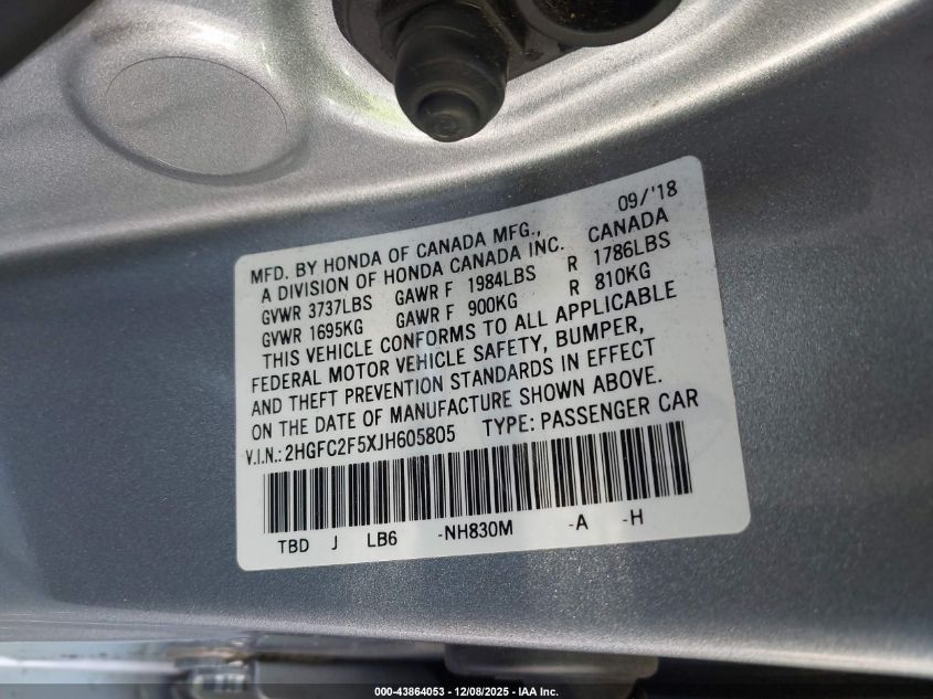 2018 Honda Civic Lx VIN: 2HGFC2F5XJH605805 Lot: 43864053