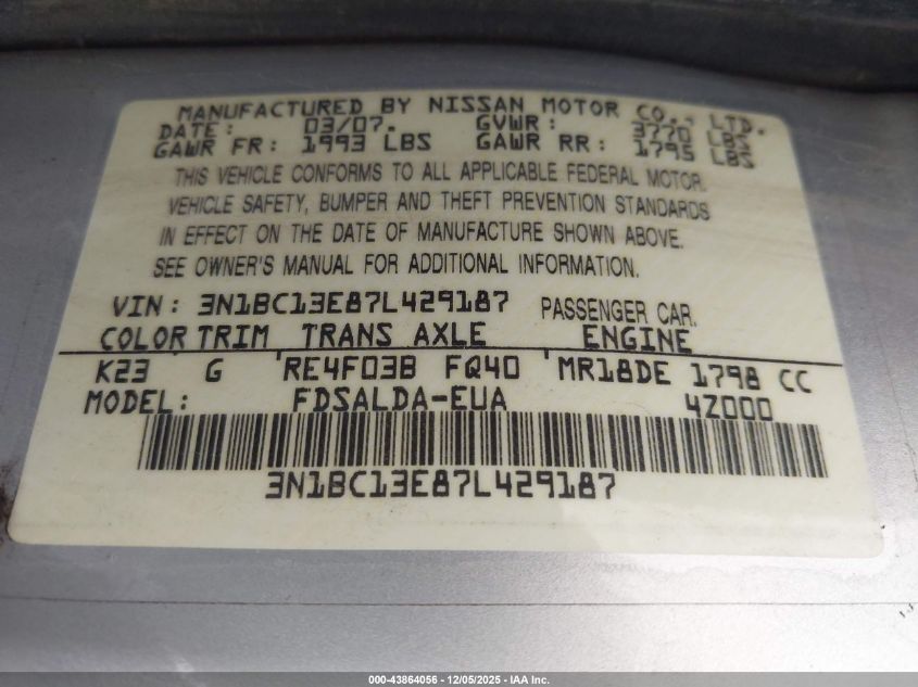 2007 Nissan Versa 1.8S VIN: 3N1BC13E87L429187 Lot: 43864056