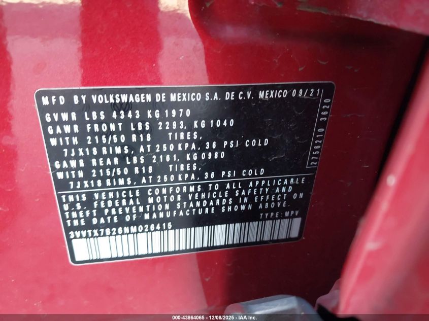 2022 Volkswagen Taos 1.5T Se VIN: 3VVTX7B26NM026415 Lot: 43864065