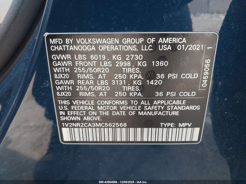 2021 Volkswagen Atlas 3.6L V6 Se W/Technology R-Line VIN: 1V2NR2CA3MC562568 Lot: 43864068