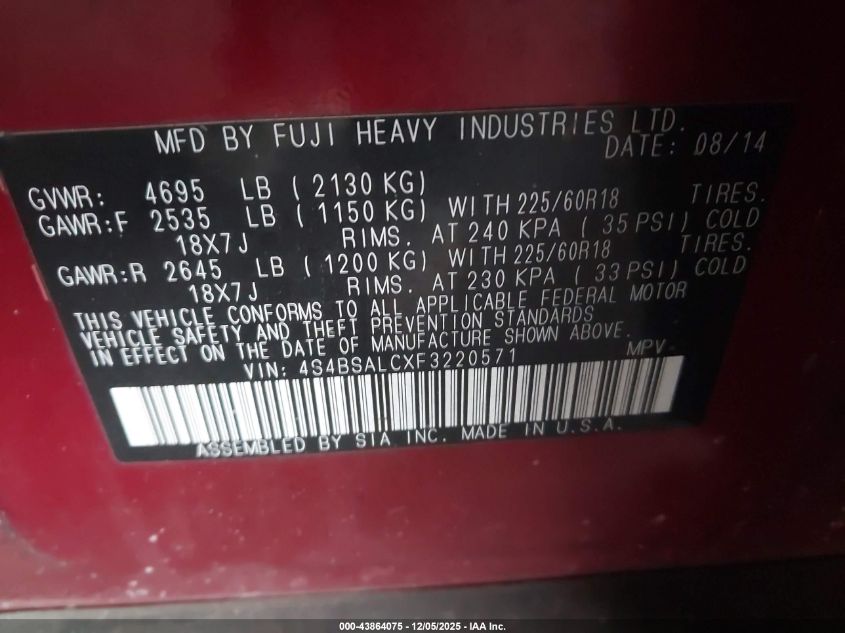 2015 Subaru Outback 2.5I Limited VIN: 4S4BSALCXF3220571 Lot: 43864075