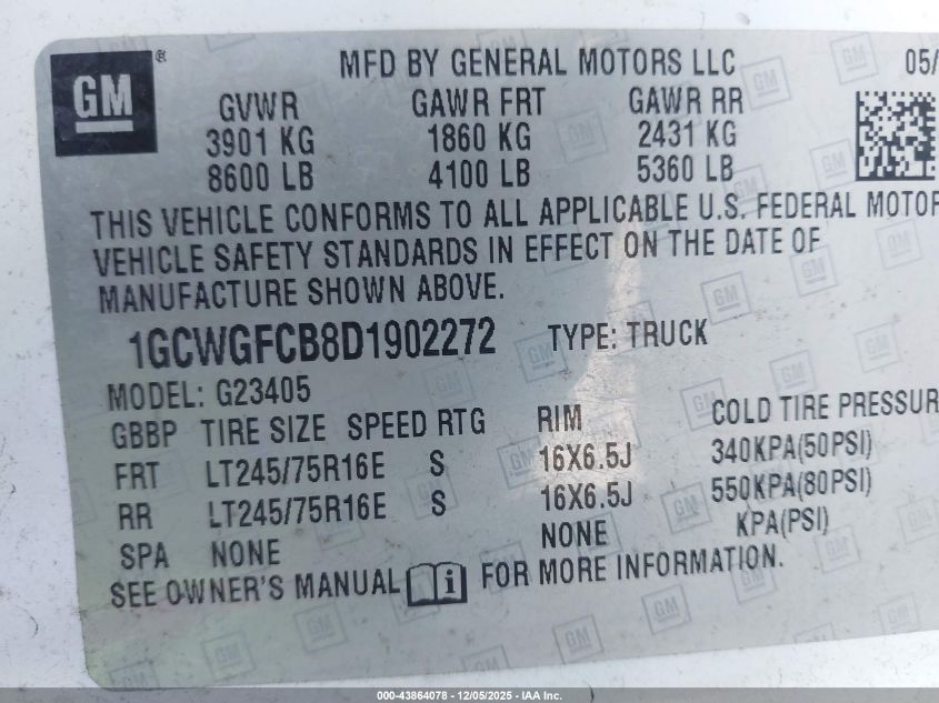 2013 Chevrolet Express 2500 Work Van VIN: 1GCWGFCB8D1902272 Lot: 43864078