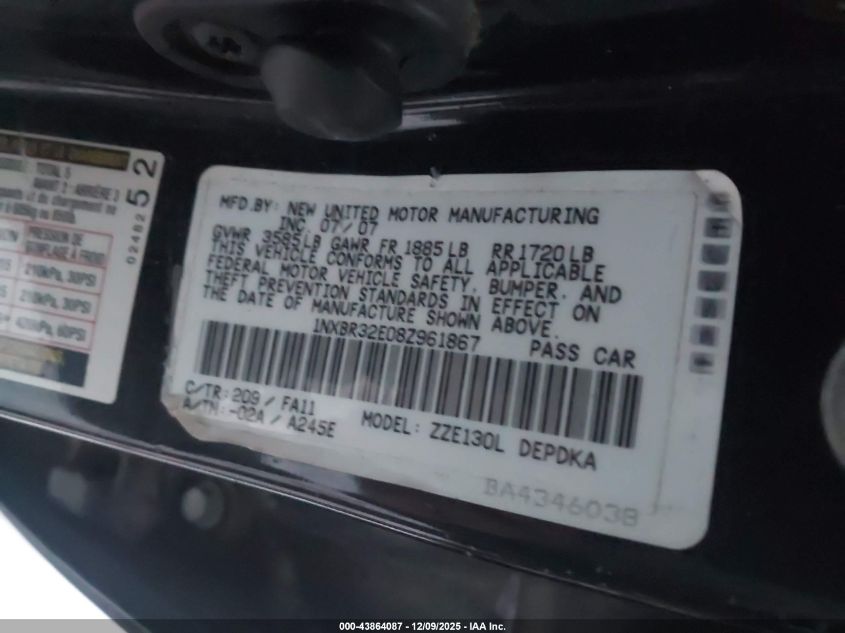 2008 Toyota Corolla Ce VIN: 1NXBR32E08Z961867 Lot: 43864087