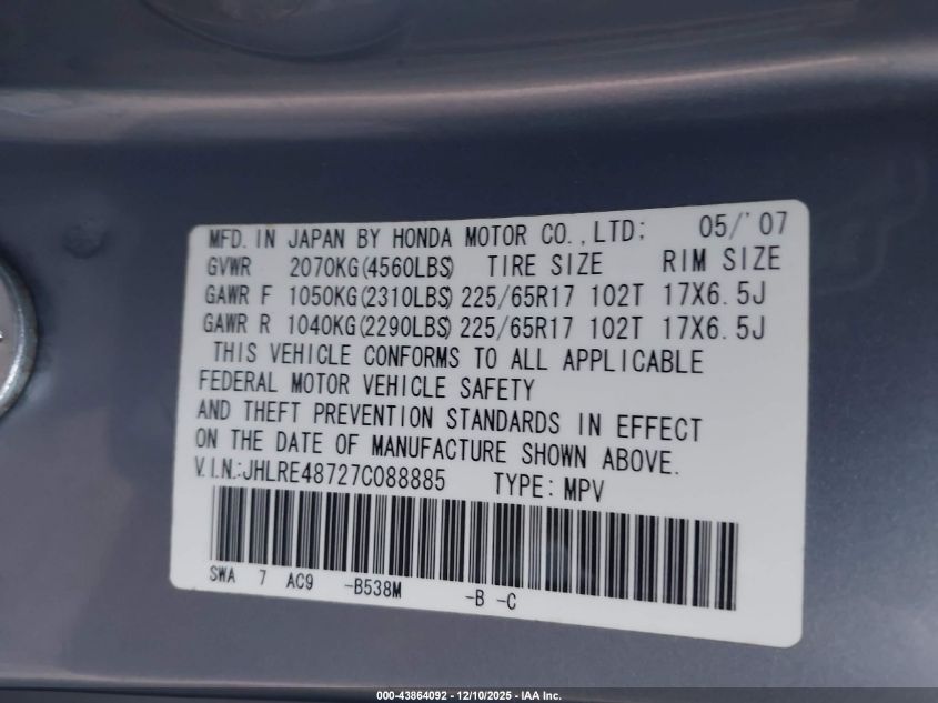 2007 Honda Cr-V Ex-L VIN: JHLRE48727C088885 Lot: 43864092