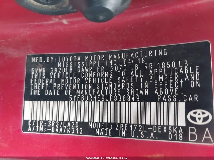 2018 Toyota Corolla Xse VIN: 5YFBURHE9JP836849 Lot: 43864114