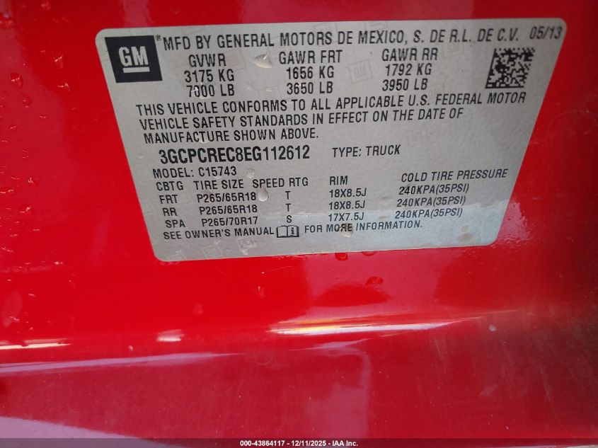 2014 Chevrolet Silverado 1500 1Lt VIN: 3GCPCREC8EG112612 Lot: 43864117