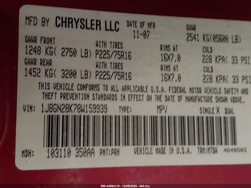 2008 Jeep Liberty Sport VIN: 1J8GN28K78W159939 Lot: 43864118