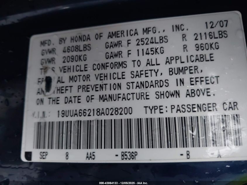 2008 Acura Tl 3.2 VIN: 19UUA66218A028200 Lot: 43864133