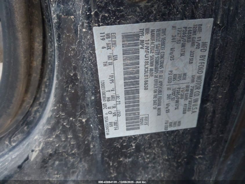 2003 Ford Expedition Eddie Bauer VIN: 1FMFU18LX3LB18638 Lot: 43864139