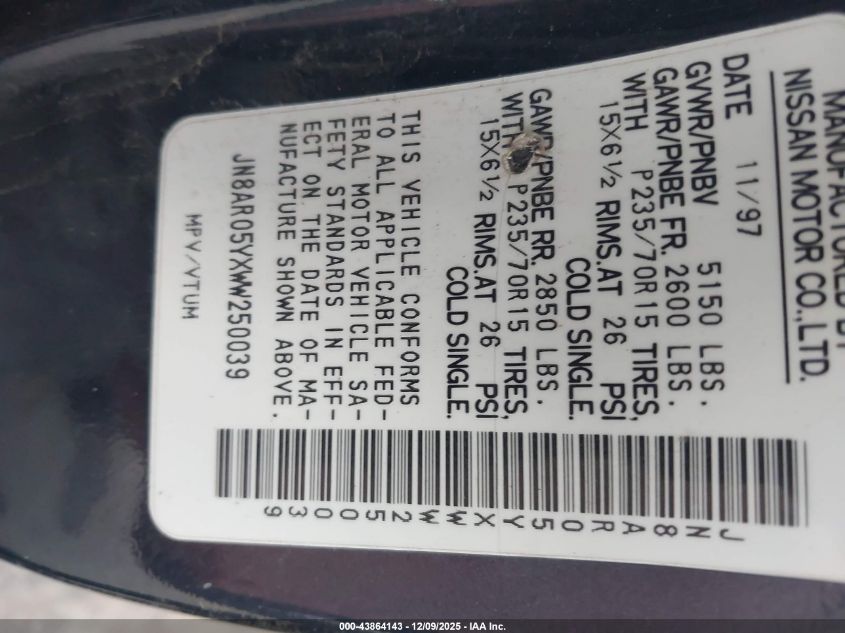 1998 Nissan Pathfinder Le/Se/Xe VIN: JN8AR05YXWW250039 Lot: 43864143