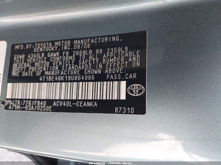 2009 Toyota Camry Le VIN: 4T1BE46K19U864986 Lot: 43864155