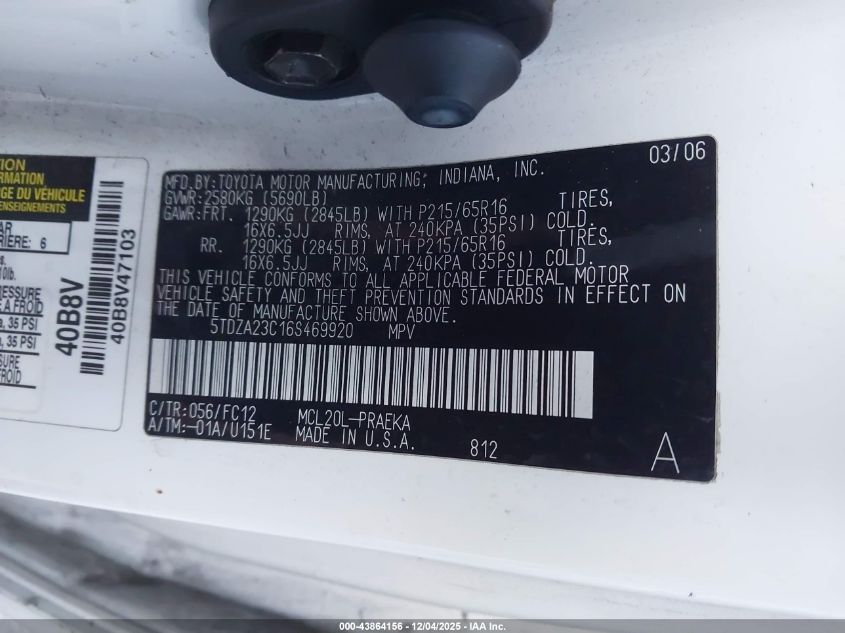 2006 Toyota Sienna Le VIN: 5TDZA23C16S469920 Lot: 43864156