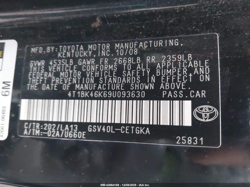 2009 Toyota Camry Xle V6 VIN: 4T1BK46K69U093630 Lot: 43864158