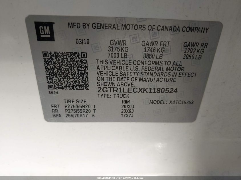 2019 GMC Sierra 1500 Limited VIN: 2GTR1LECXK1180524 Lot: 43864163