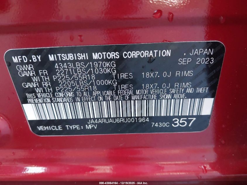 2024 Mitsubishi Outlander Sport 2.0 Es Awc VIN: JA4ARUAU6RU001964 Lot: 43864164