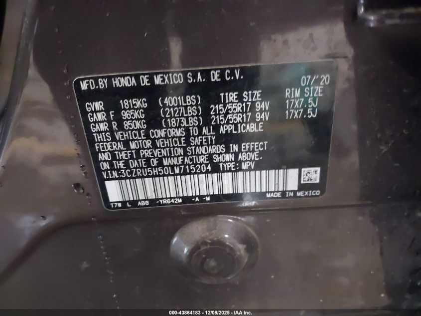 2020 Honda Hr-V 2Wd Ex VIN: 3CZRU5H50LM715204 Lot: 43864183