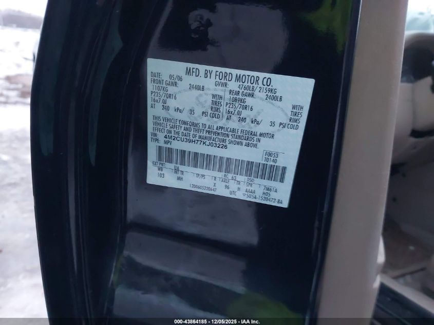 2007 Mercury Mariner Hybrid VIN: 4M2CU39H77KJ03226 Lot: 43864185